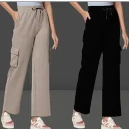 Pack of 2 Women Loose Fit Beige, Black Lycra Blend Trousers-image-23