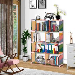 Colorful Wood Print Plastic Metal 10 Shelf Book Organizer Metal Open Book Shelf-image-64