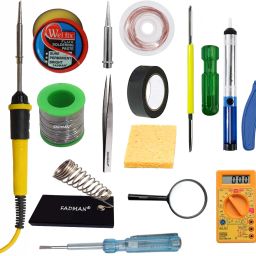 Electric 25W Soldering Iron Kit - Set of 15 PT-15|Solder Wire|Cutter|Stand|Paste|2 IN 1 Screw Driver|Tape|Tweezer|Sponge|Pump|Wick|Tester|Bit|Magnifying Glass|Multimeter|Yellow+Black 25 W Simple-image-41