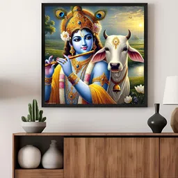 999Store Blue & Yellow Lord Krishna Printed Canvas Wall Art-image-73