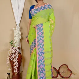 PuJoy Floral Printed Pure Cotton Handloom Taant Saree-image-21
