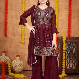 Muhuratam Girls Burgundy Georgette Kurta Sets-image-27