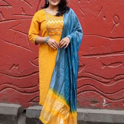 KALINI Ethnic Motifs Embroidered Cotton Silk Straight Kurta With Trousers & Dupatta-image-90