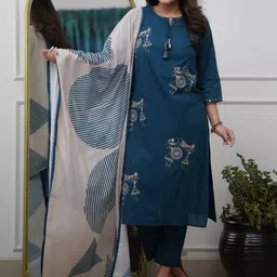 URMIR FASHION Women Ethnic Motifs Printed Regular Thread Work Kurta with Trousers & With Dupatta-picture-3