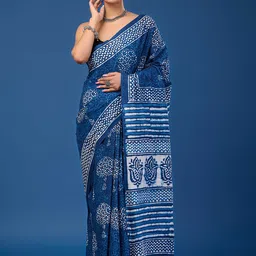 Taavi Floral Block Printed Cotton Dabu Saree-image-73