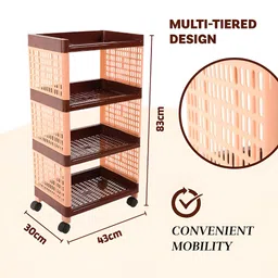 Aura Brown & Beige 4-Layer Multipurpose Storage Rack With Wheels image 3