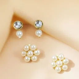 ORANGENYSHA Set Of 2 22k Gold-Plated Kundan Studded & Pearls Beaded Circular Drop Earrings-picture-35