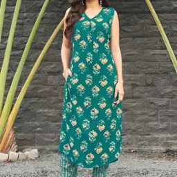 ODD BY chansi TRENDZ Floral Printed V-Neck Foil Kurta With Trousers-picture-46