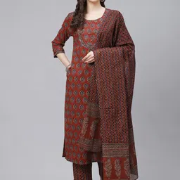 KALINI Ethnic Motifs Printed Round Neck Gotta Patti Straight Kurta With Trousers & Dupatta-picture-17