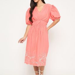 Madame Women Gathered or Pleated Puff Sleeve Fit & Flare Midi Dress-image-66