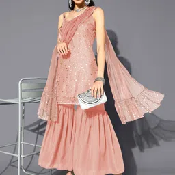 Ahalyaa Abstract Printed Square Neck Net Kurti With Sharara & Dupatta image 4
