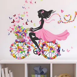 LANSTICK Pink & Black Girl With Cycle Ride & Butterflies Self Adhesive Wall Sticker-image-80