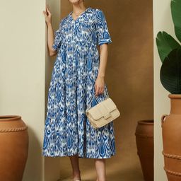 Janasya Women Ikkat Printed Tiered Fit & Flare Midi Dress-picture-40