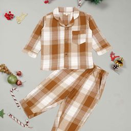 LITTLE GINNIE Unisex Kids Checked Lapel Collar Long Sleeves Shirt With Pyjama-picture-11