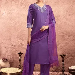 KALINI Women Ethnic Motifs Yoke Design Regular Thread Work Kurta with Trousers & With Dupatta-17