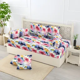 EverHOME Blue & Pink 8 Pieces Floral Printed Pure Cotton Diwan Set-picture-4
