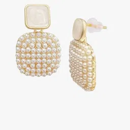 PASU FASHION Gold-Plated Artificial Beads Beaded Square Drop Earrings image 3