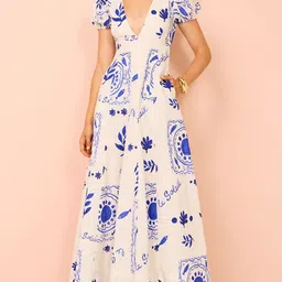 StyleCast x Revolte Printed Puff Sleeve Chiffon A-Line Maxi Dress-51