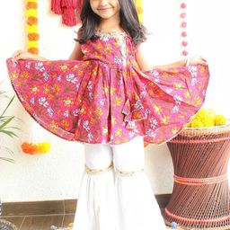 Mamma's Bear Girls Floral Printed Angrakha Pure Cotton Kurti with Sharara-picture-37