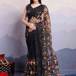 Peachmode Floral Embroidered Net Saree-image-97