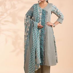 KALINI Floral Printed Angrakha Pure Cotton A-Line Kurta with Palazzo & Dupatta-image-6