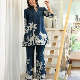 JISORA Tropical Printed Pure Cotton Tunic With Trouser Co-Ord Set-18