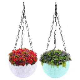 Kuber Industries White & Green 2 Pieces Textured Round Marble Euro Hanging Planters-2