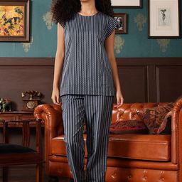 Clovia Women Striped Round Neck Top Pyjamas Night suit-image-50