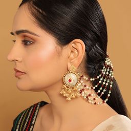 Yinara Gold-Plated Stones Studded & Beaded Contemporary Drop Earrings With Ear Chains-27