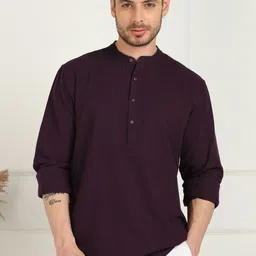 here&now Men's Purple Solid Pure Cotton Mandarin Collar With Short Kurta Shirt-picture-49