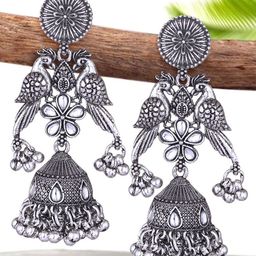 Sangria Silver-Plated Kundan-Studded Oxidised Drop Earrings-6