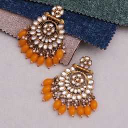 BELWICK Brass-Plated Kundan Studded And Pearls Beaded Floral Shaped Drop Earrings-image-49