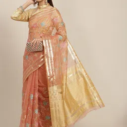 KAVINDI Floral Embroidered Organza Saree-image-23