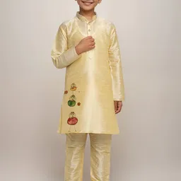 DEVOILER Boys Ethnic Motifs Printed Regular Dupion Silk Kurta with Churidar-8