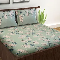 Wee Hours Green & Peach-Coloured Floral 300 TC Queen Bedsheet with 2 Pillow Covers-image-59