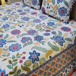 BED AND BEYONDD White & Blue Floral 180 TC King Bedsheet with 2 Pillow Covers-image-61