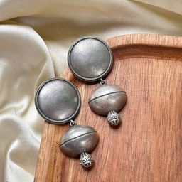 Sangria Silver Plated Circular Oxidised Drop Earrings-23