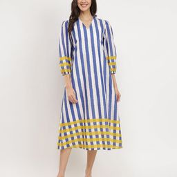 Pink Fort Women Cotton Stripe Play A-Line Dress - Blue & Yellow-image-49