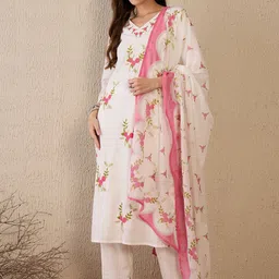 Indo Era Women Floral Embroidered Regular Thread Work Pure Cotton Kurta with Trousers & With Dupatta-picture-57