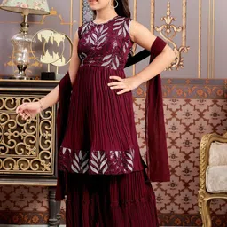 Aarika Girls Embroidered Regular Sequinned Kurta with Sharara & With Dupatta image 5