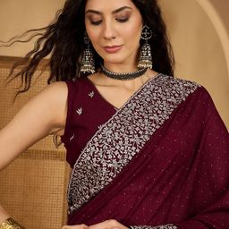 Sangria Embellished Beads and Stones Border Saree with Unstitched Blouse-12
