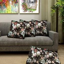 Blue Grass Coffee Brown & Pink Set Of 5 Floral Satin Square Cushion Covers-image-18