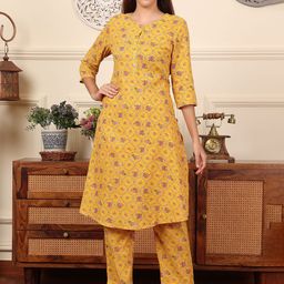 W Yellow and Pink Printed Printed Round Neck Pure Cotton Tunic With Trousers-14