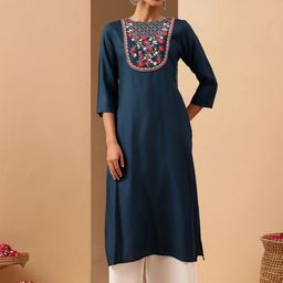 Janasya Women Teal Blue Rayon Yoke Embroidered Straight Kurta-picture-49