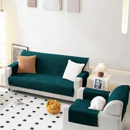 Fashion Throw Teal Checked Velvet 3 Piece Sofa Cover With Arms-image-33