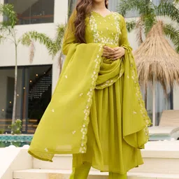 URMIR FASHION Women Ethnic Motifs Embroidered Empire Thread Work Kurta with Trousers & With Dupatta-picture-32