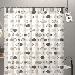 Aura 6-Pcs Grey & White Printed Waterproof ShowerCurtainWithHooks-10
