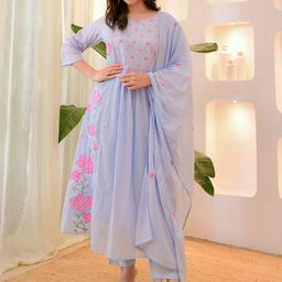 CREEPER Women Floral Embroidered Anarakli Thread Work Kurta With Trousers & Dupatta-image-86