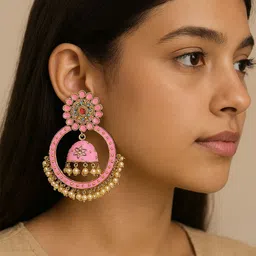 M55 Artificial Stones Studded And Beaded Circular Shaped Drop Earrings image 5
