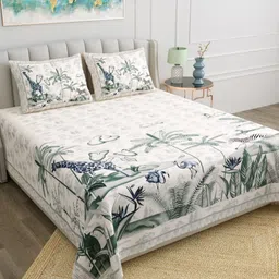 JAIPUR FABRIC Green & White Floral 180 TC King Bedsheet with 2 Pillow Covers-48